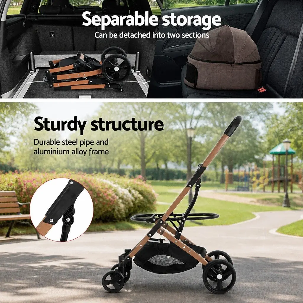 Pet Stroller Dog Pram Cat Carrier Travel Foldable 4 Wheels Pushchair Brown