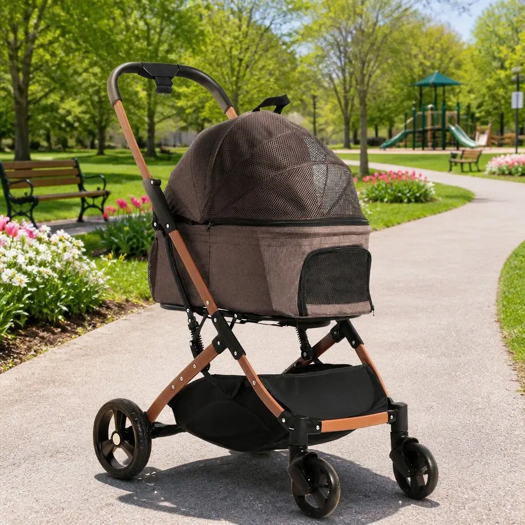 Pet Stroller Dog Pram Cat Carrier Travel Foldable 4 Wheels Pushchair Brown