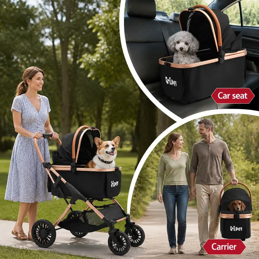 Pet Stroller Carrier Car Seat 3-in-1 Foldable Large Black