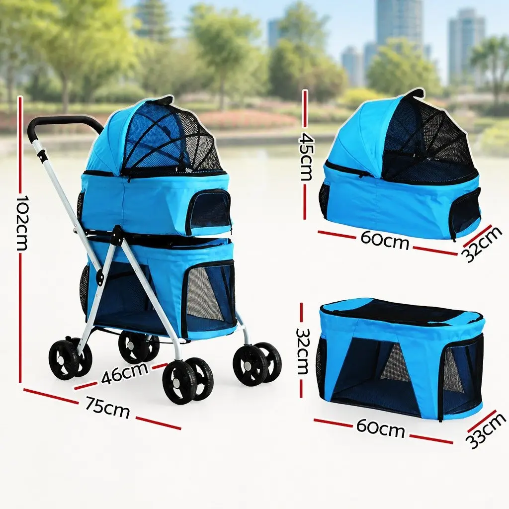 Pet Stroller 3-in-1 Travel Carrier Foldable Blue