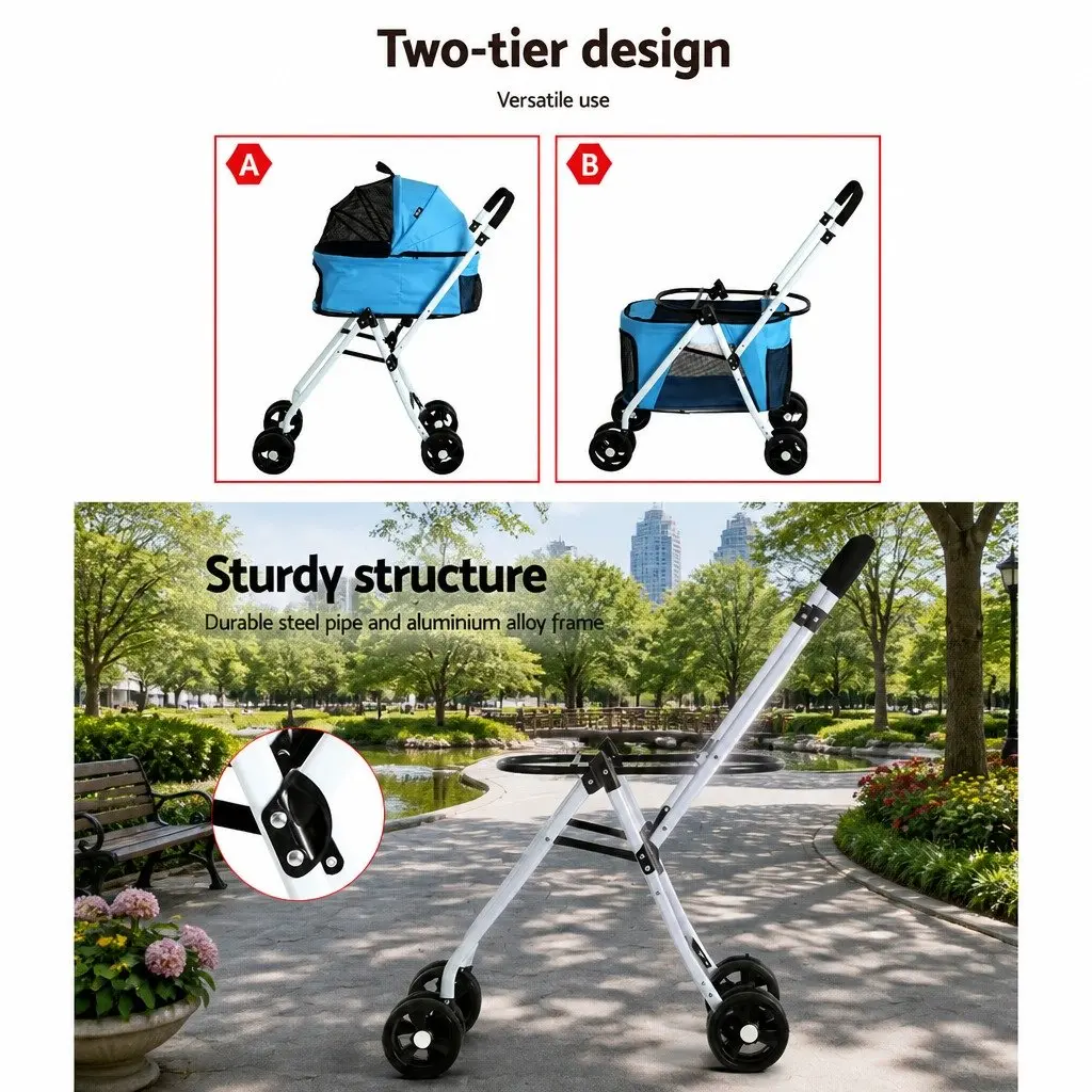 Pet Stroller 3-in-1 Travel Carrier Foldable Blue