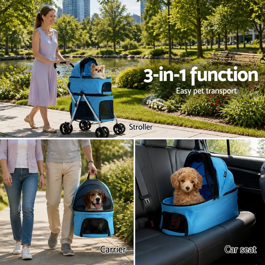 Pet Stroller 3-in-1 Travel Carrier Foldable Blue