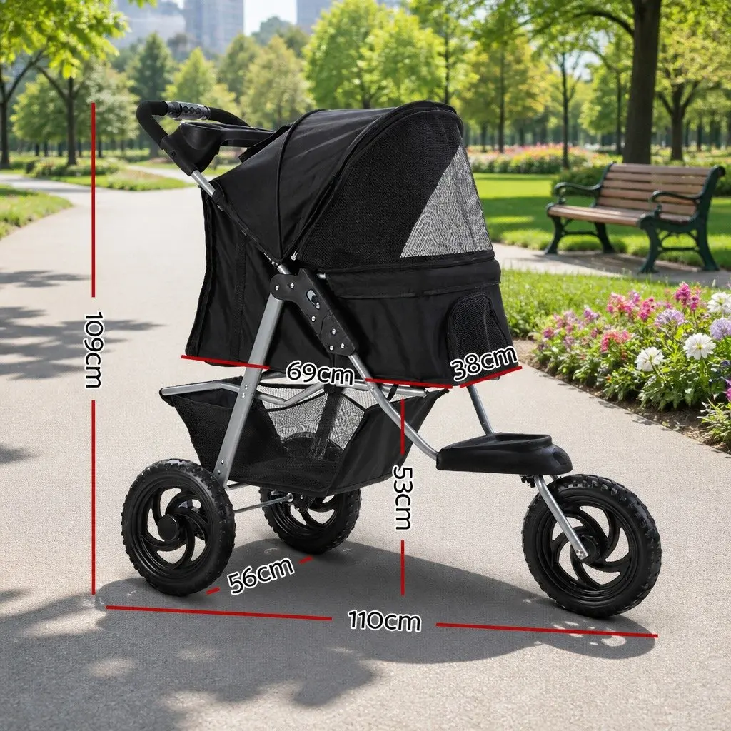 Pet Stroller Elevated Viewing 3 Wheels Foldable Black