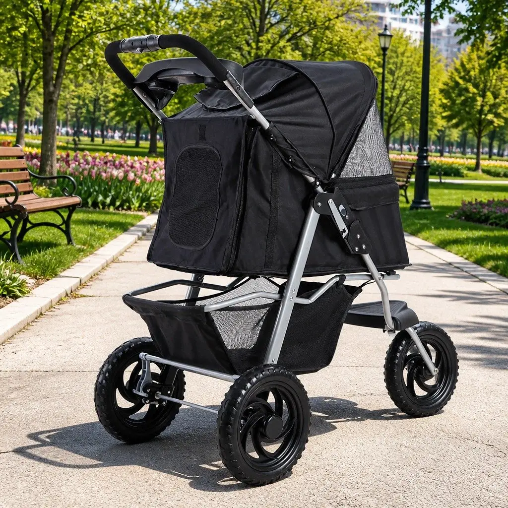 Pet Stroller Elevated Viewing 3 Wheels Foldable Black