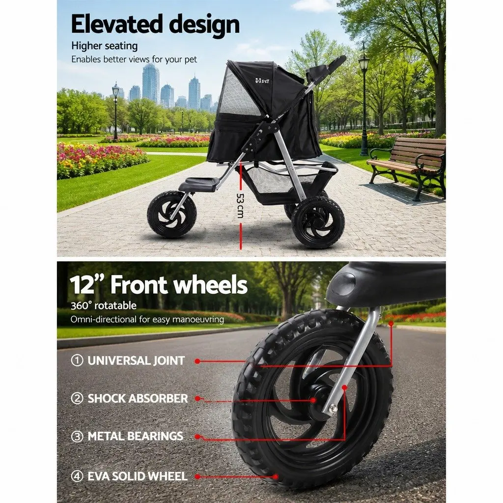 Pet Stroller Elevated Viewing 3 Wheels Foldable Black