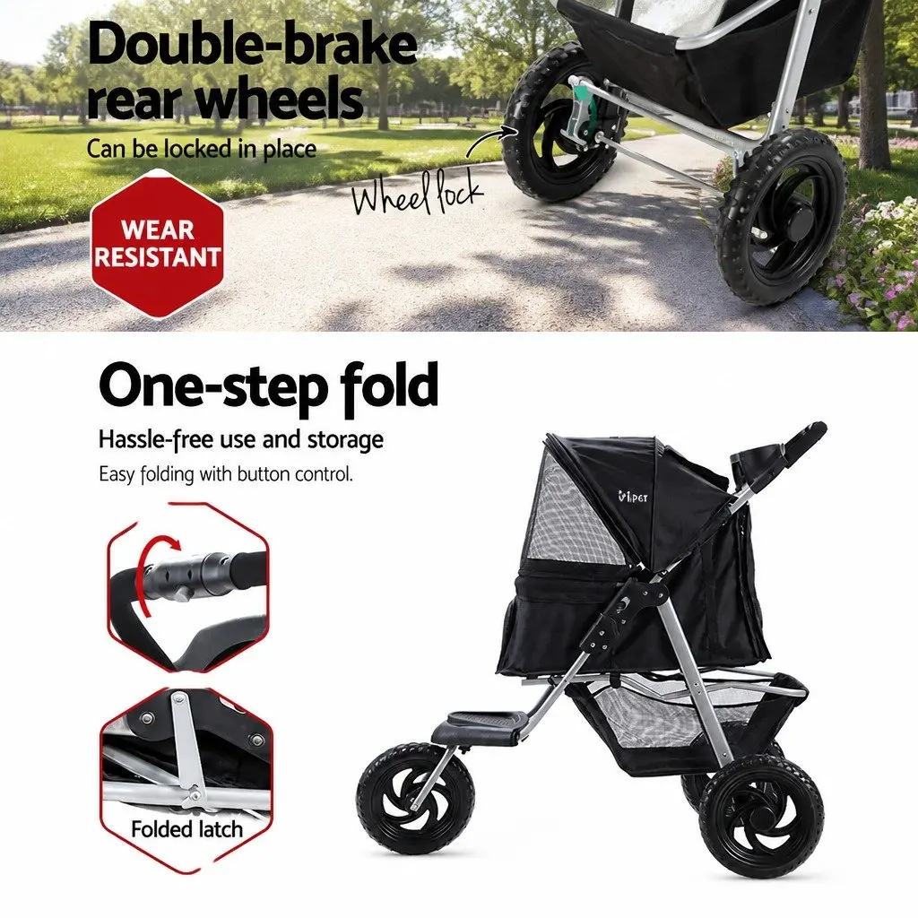 Pet Stroller Elevated Viewing 3 Wheels Foldable Black