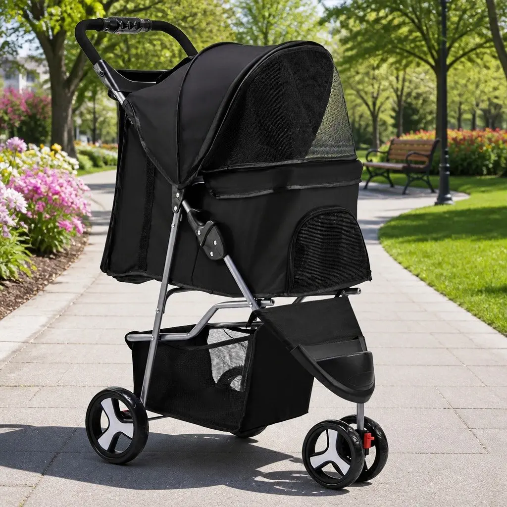 Pet Stroller Cat Carrier Dog Pram 3 Wheel Foldable Large Travel Pushchair Black