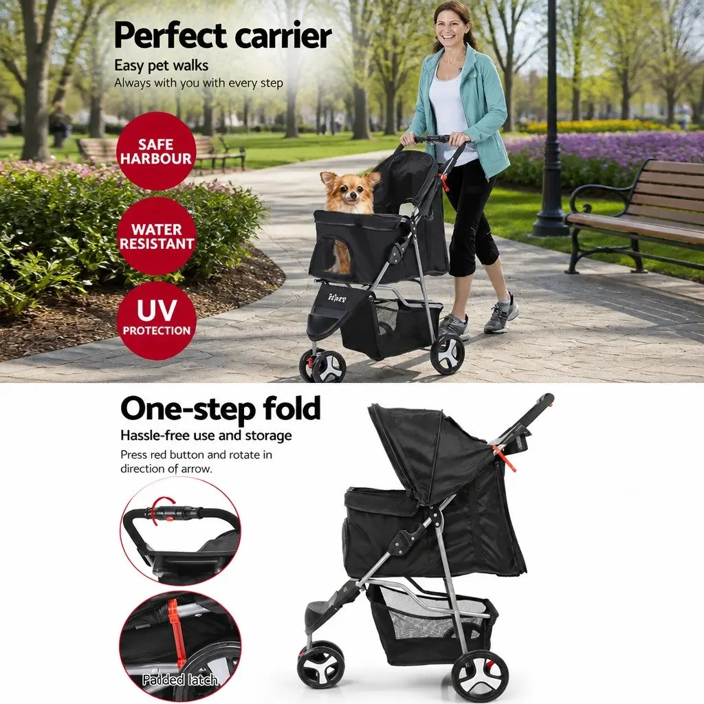Pet Stroller Cat Carrier Dog Pram 3 Wheel Foldable Large Travel Pushchair Black
