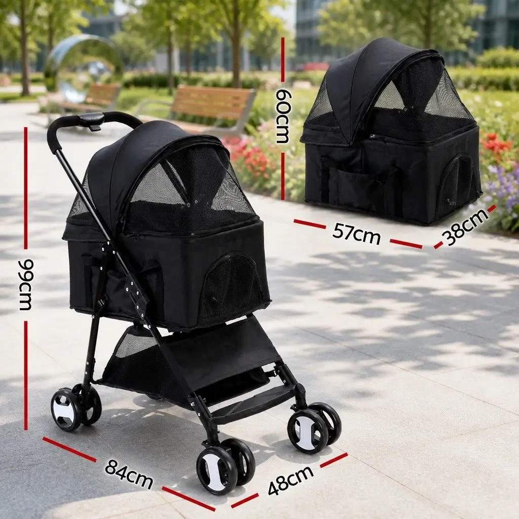 Pet Stroller Dog Cat Carrier Travel Pushchair Foldable 4 Wheels Black