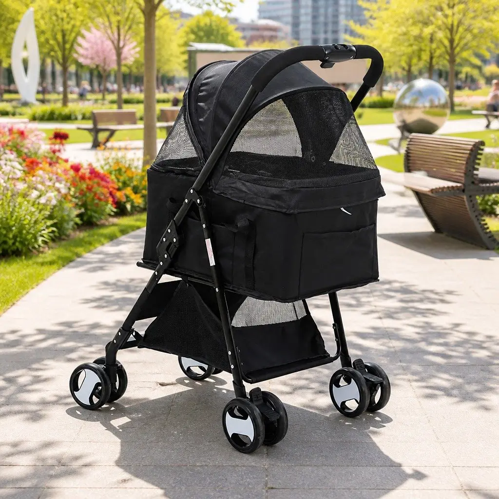 Pet Stroller Dog Cat Carrier Travel Pushchair Foldable 4 Wheels Black