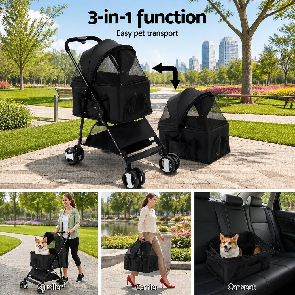 Pet Stroller Dog Cat Carrier Travel Pushchair Foldable 4 Wheels Black