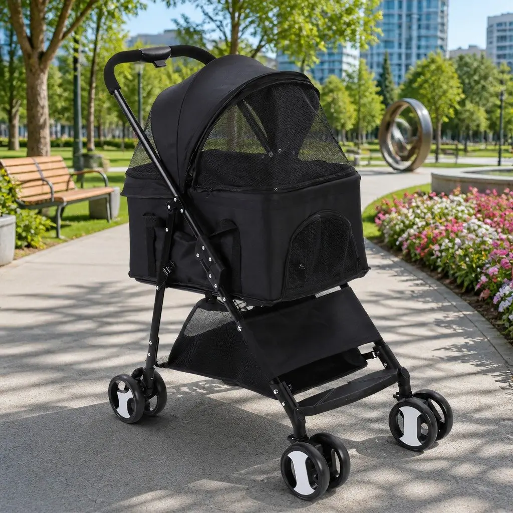 Pet Stroller Dog Cat Carrier Travel Pushchair Foldable 4 Wheels Black