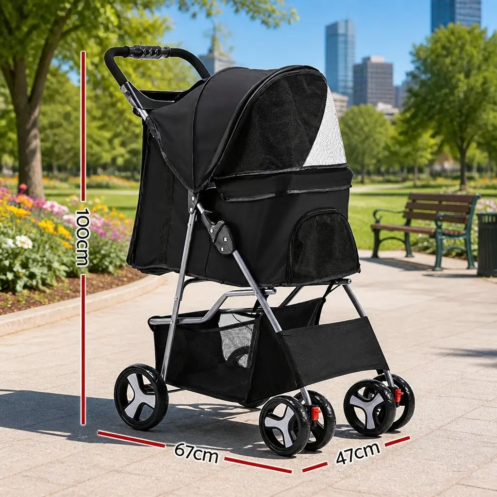 Pet Stroller Foldable Travel Carrier for Small Dogs and Cats 67cm x 47cm x 100cm Black