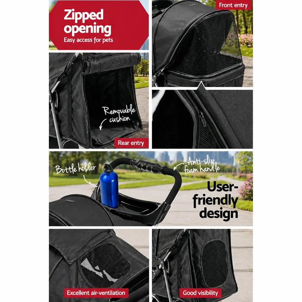 Pet Stroller Foldable Travel Carrier for Small Dogs and Cats 67cm x 47cm x 100cm Black