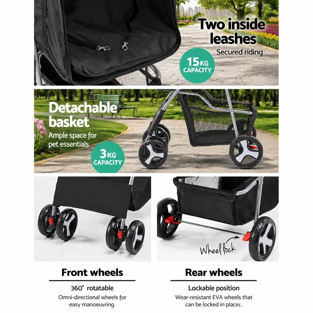 Pet Stroller Foldable Travel Carrier for Small Dogs and Cats 67cm x 47cm x 100cm Black