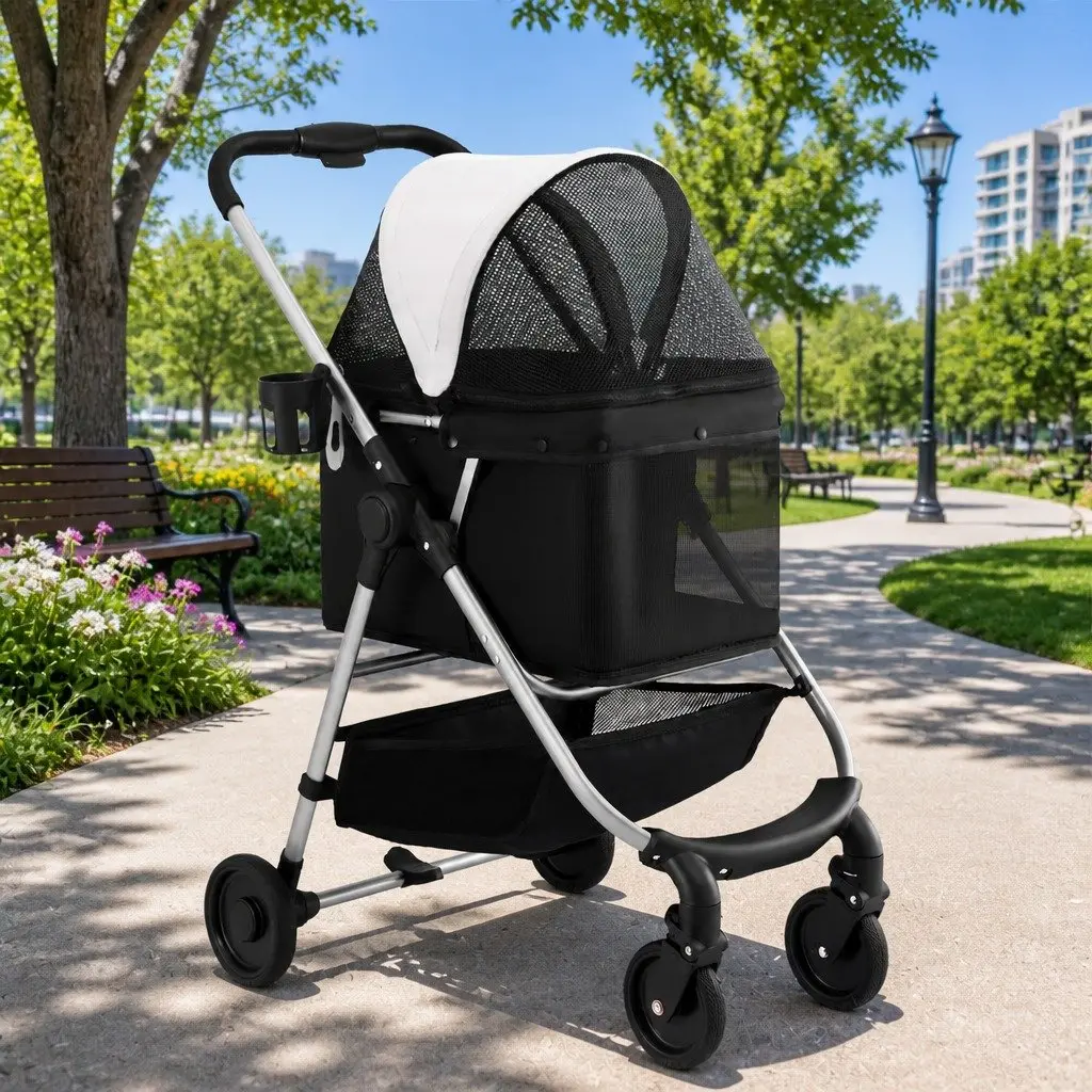 Pet Stroller Dog Cat Carrier Large Foldable 4 Wheels Travel Black White