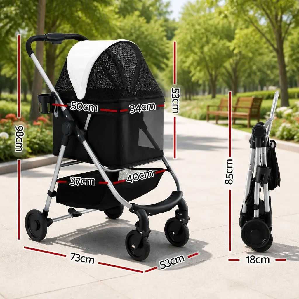 Pet Stroller Dog Cat Carrier Large Foldable 4 Wheels Travel Black White