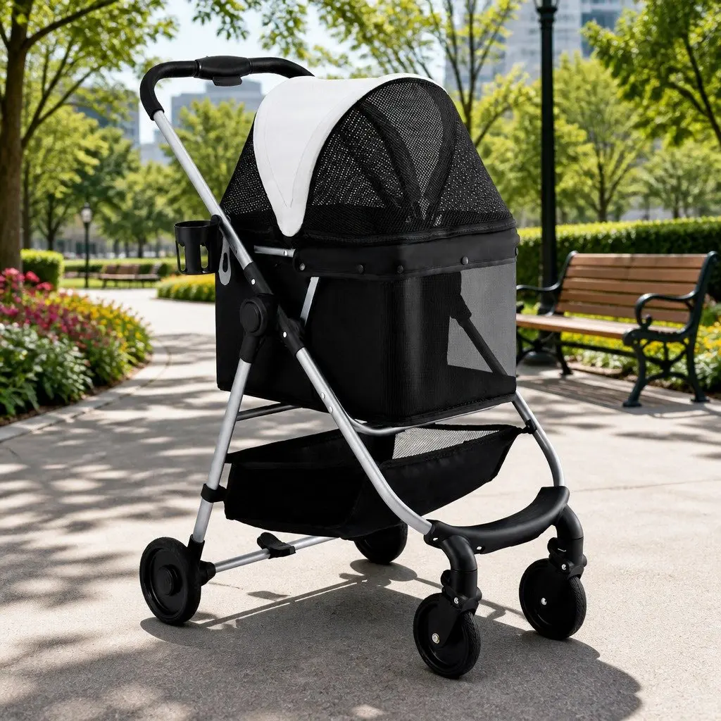 Pet Stroller Dog Cat Carrier Large Foldable 4 Wheels Travel Black White