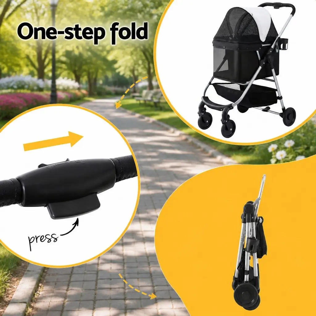 Pet Stroller Dog Cat Carrier Large Foldable 4 Wheels Travel Black White