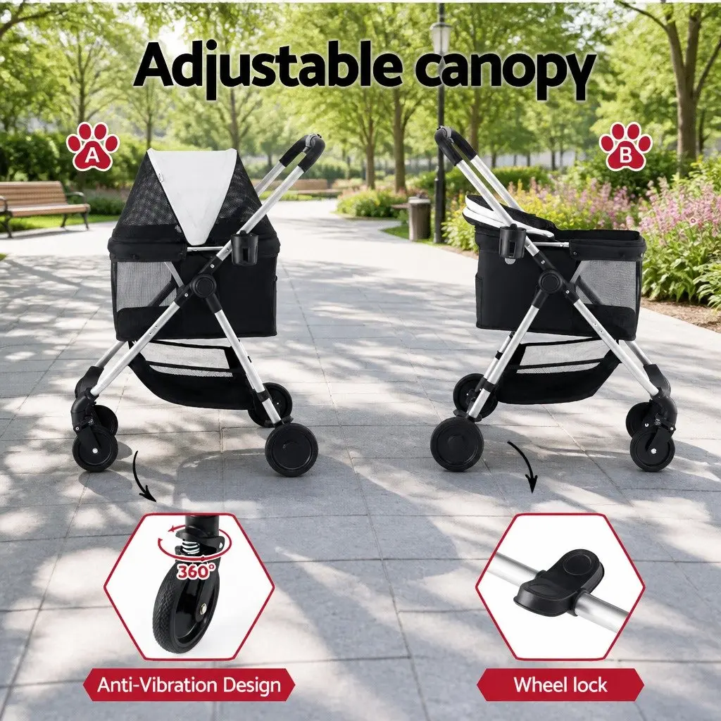 Pet Stroller Dog Cat Carrier Large Foldable 4 Wheels Travel Black White