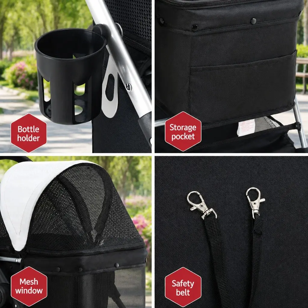 Pet Stroller Dog Cat Carrier Large Foldable 4 Wheels Travel Black White