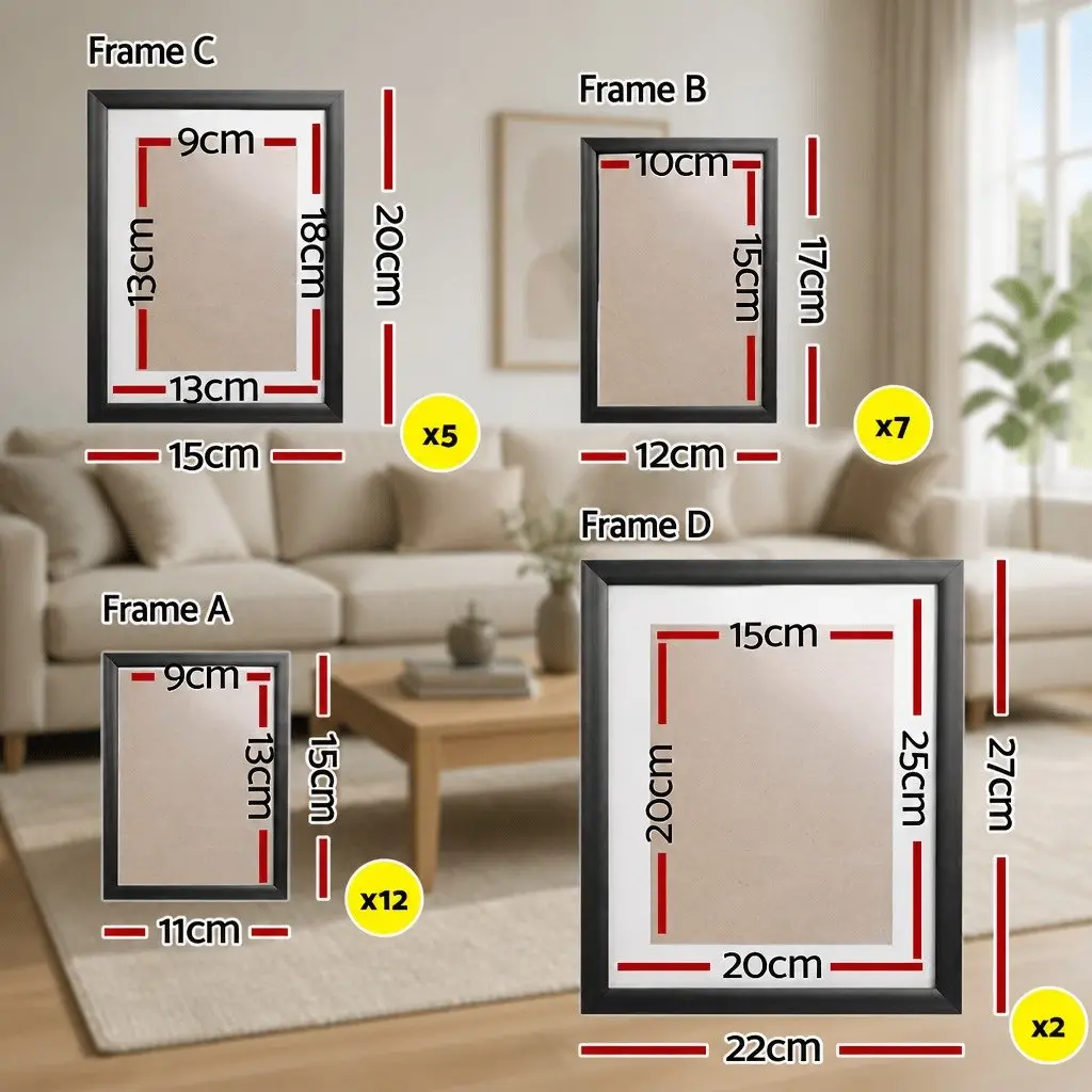 Photo Frame Set 26 Piece Multiple Sizes 3.5x5 4x6 5x7 8x10 Black Wall Art Display