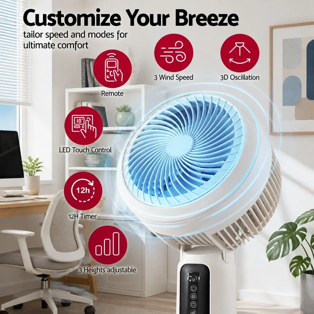 Pedestal Fan Remote Control Adjustable Height 3 Speed 12H Timer White