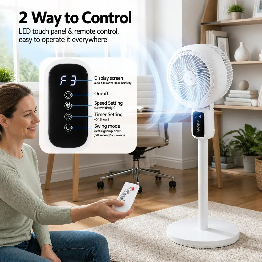 Pedestal Fan Remote Control Adjustable Height 3 Speed 12H Timer White