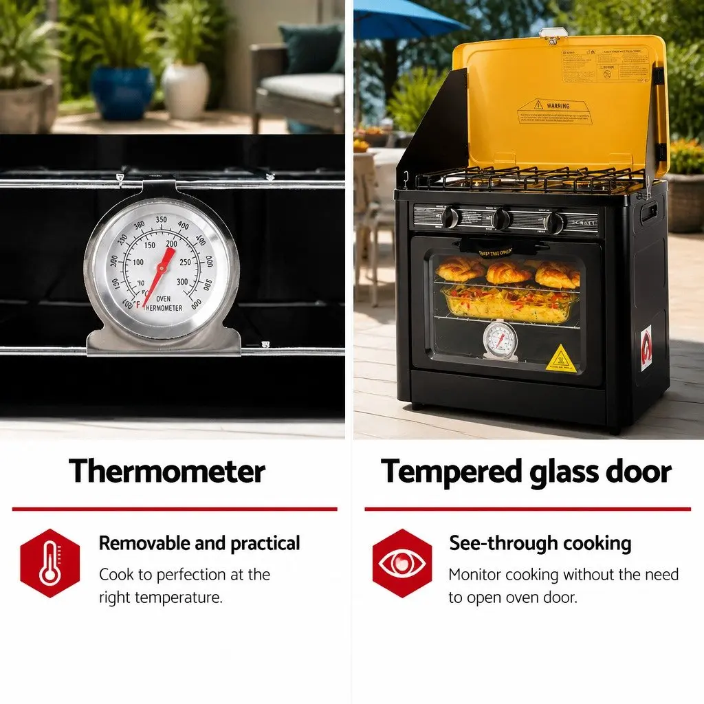 Portable Gas Oven Stove Dual Burner Outdoor Cooking 53.5 x 34 x 46cm Black Yellow