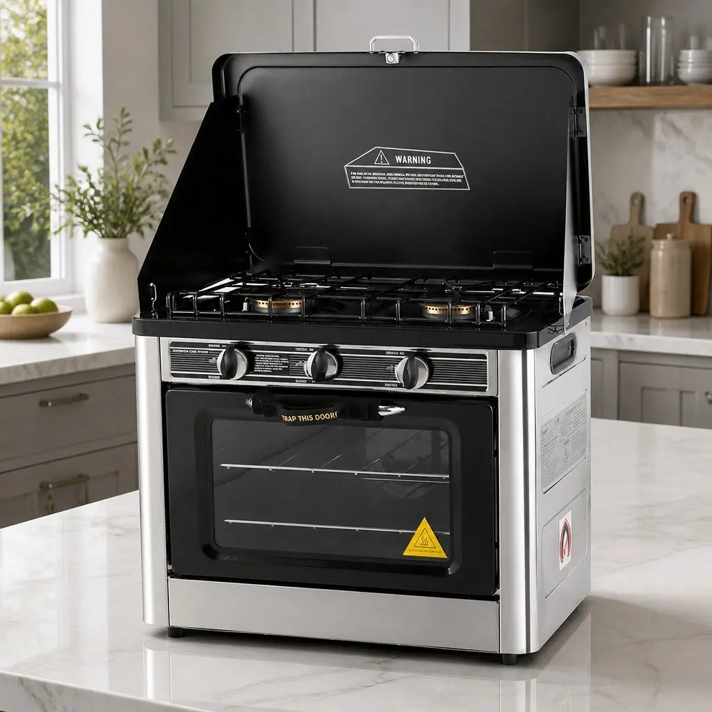 Portable Gas Oven Stove Outdoor Cooking Twin Burners 53.5cm Silver or Black