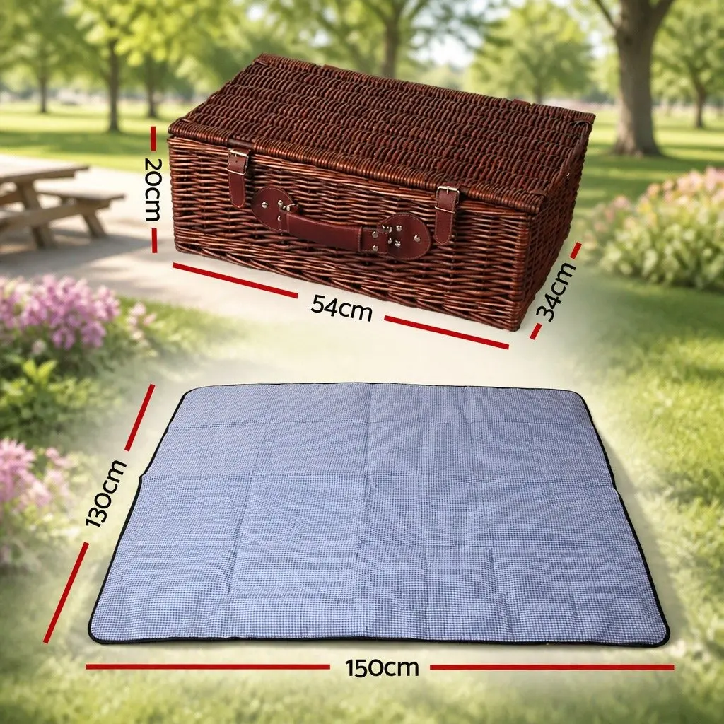 4 Person Picnic Basket Insulated Cooler Dark Grey Wicker with Blanket Stainless Steel Cutlery