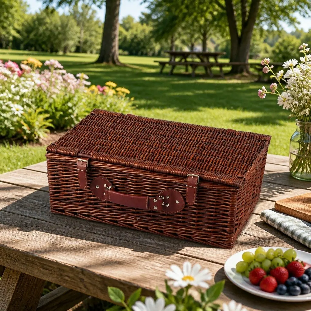 4 Person Picnic Basket Insulated Cooler Dark Grey Wicker with Blanket Stainless Steel Cutlery