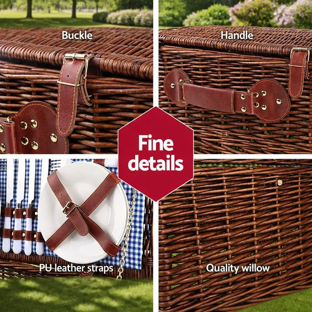 4 Person Picnic Basket Insulated Cooler Dark Grey Wicker with Blanket Stainless Steel Cutlery