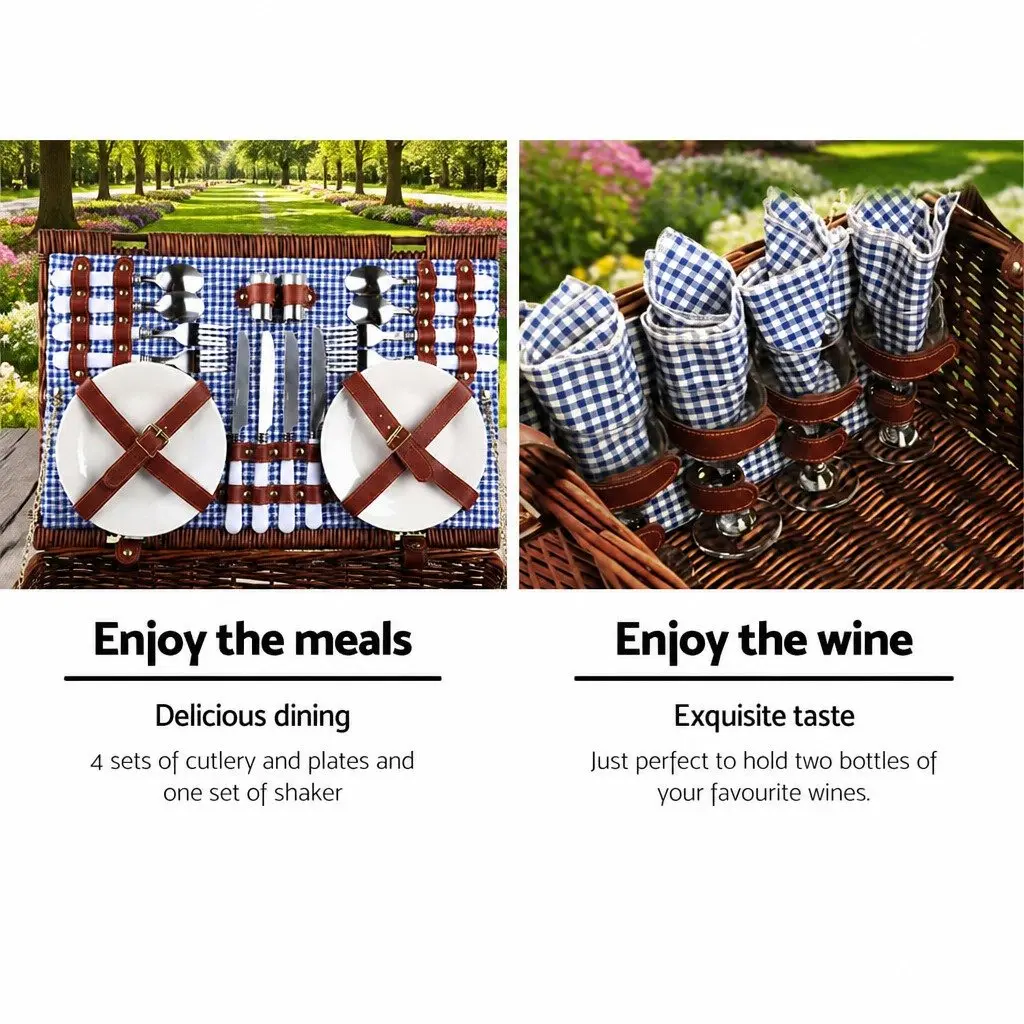 4 Person Picnic Basket Insulated Cooler Dark Grey Wicker with Blanket Stainless Steel Cutlery