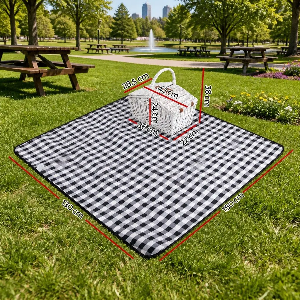 Picnic Basket Set 2 Person Insulated Willow Vintage Blanket White