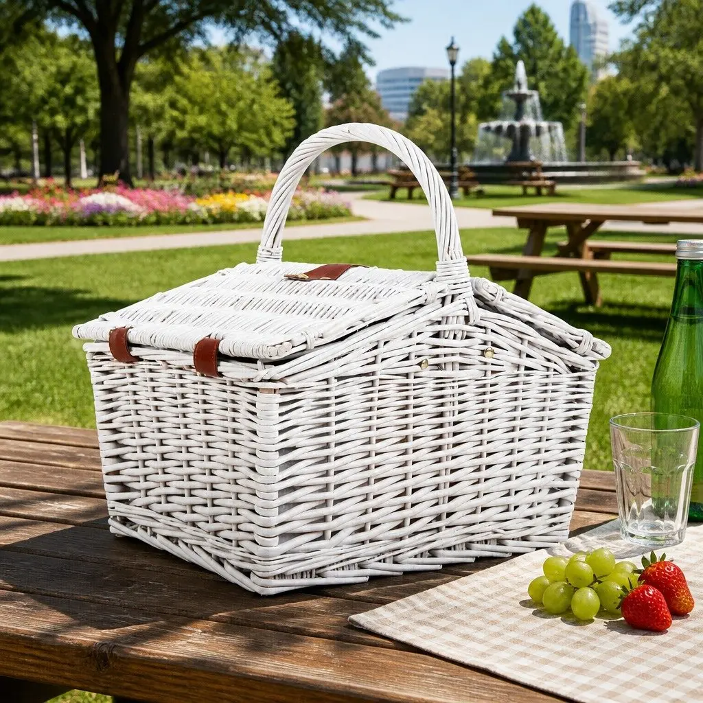 Picnic Basket Set 2 Person Insulated Willow Vintage Blanket White