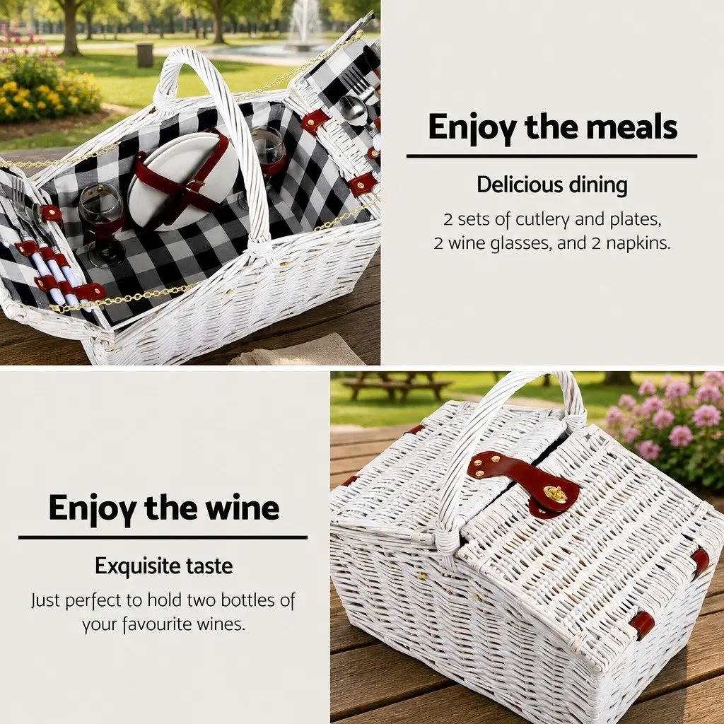 Picnic Basket Set 2 Person Insulated Willow Vintage Blanket White