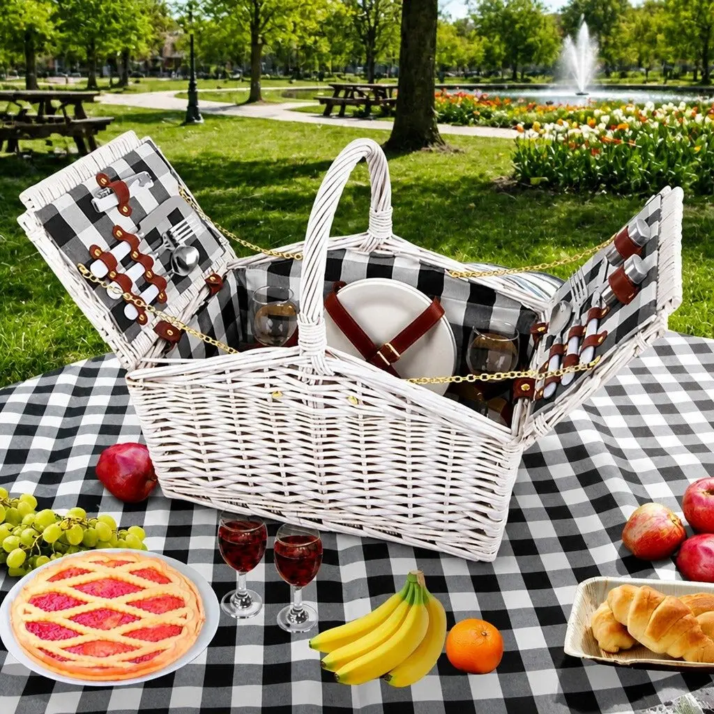 Picnic Basket Set 2 Person Insulated Willow Vintage Blanket White