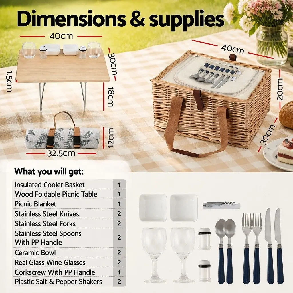 Picnic Basket Set for 2 Person Willow Woven with Wood Table Blanket Cooler Multicolour