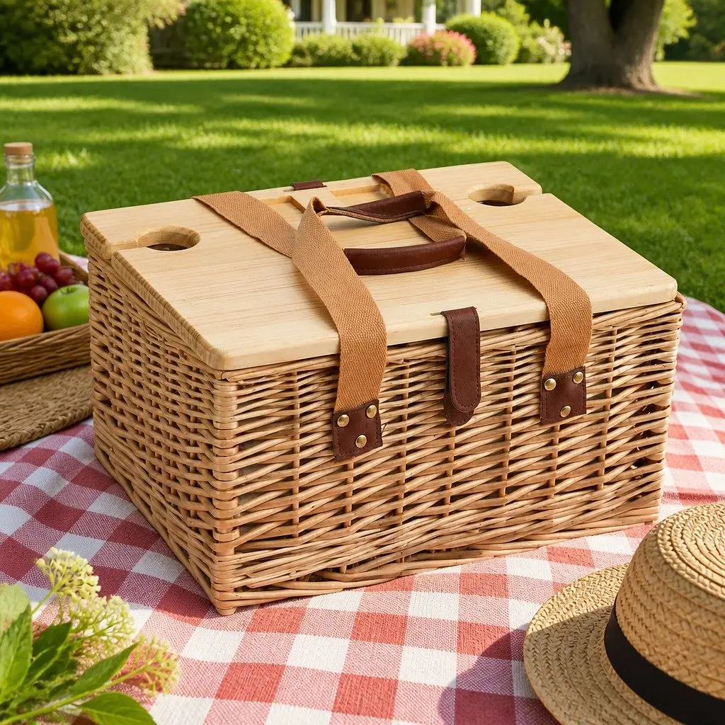 Picnic Basket Set for 2 Person Willow Woven with Wood Table Blanket Cooler Multicolour