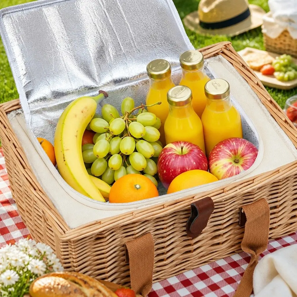 Picnic Basket Set for 2 Person Willow Woven with Wood Table Blanket Cooler Multicolour