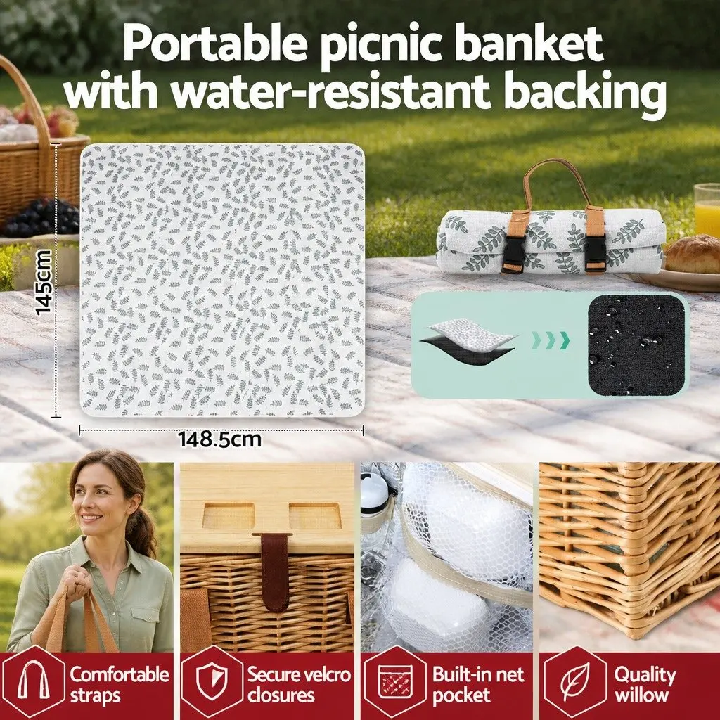 Picnic Basket Set for 2 Person Willow Woven with Wood Table Blanket Cooler Multicolour