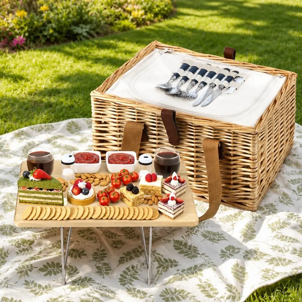 Picnic Basket Set for 2 Person Willow Woven with Wood Table Blanket Cooler Multicolour