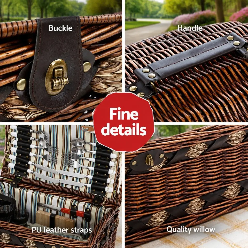 4 Person Picnic Basket Set Outdoor Camping Travel Willow Brown with Blanket