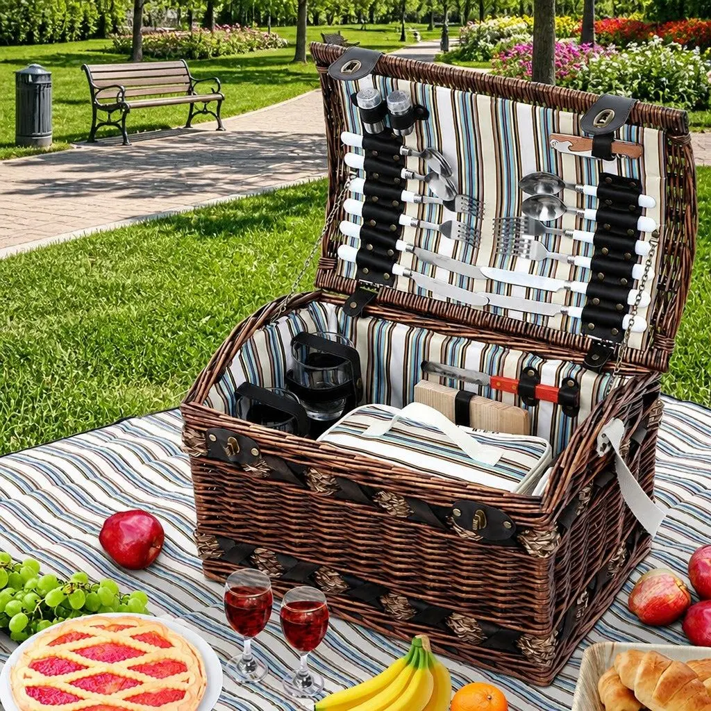 4 Person Picnic Basket Set Outdoor Camping Travel Willow Brown with Blanket