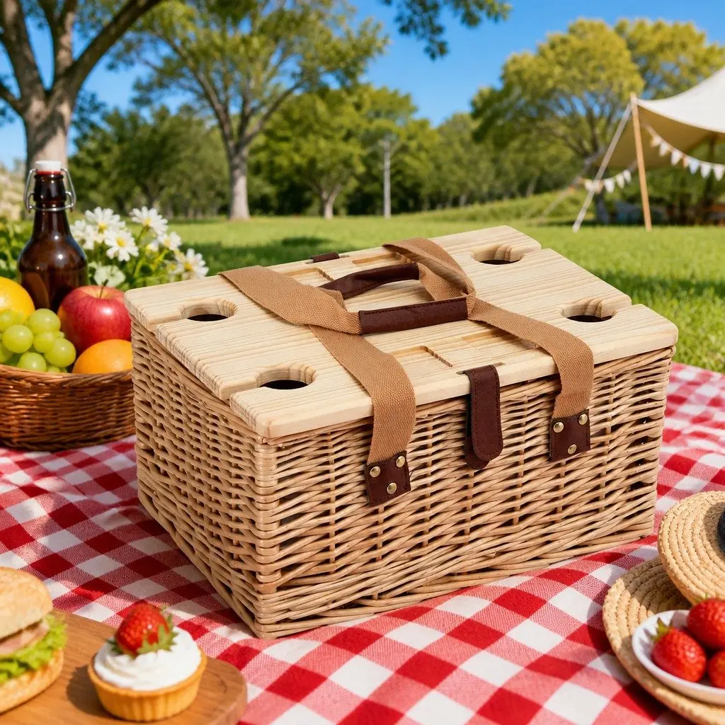 4 Person Picnic Basket Set Outdoor Cooler Blanket Wine Table Cutlery Multicolour