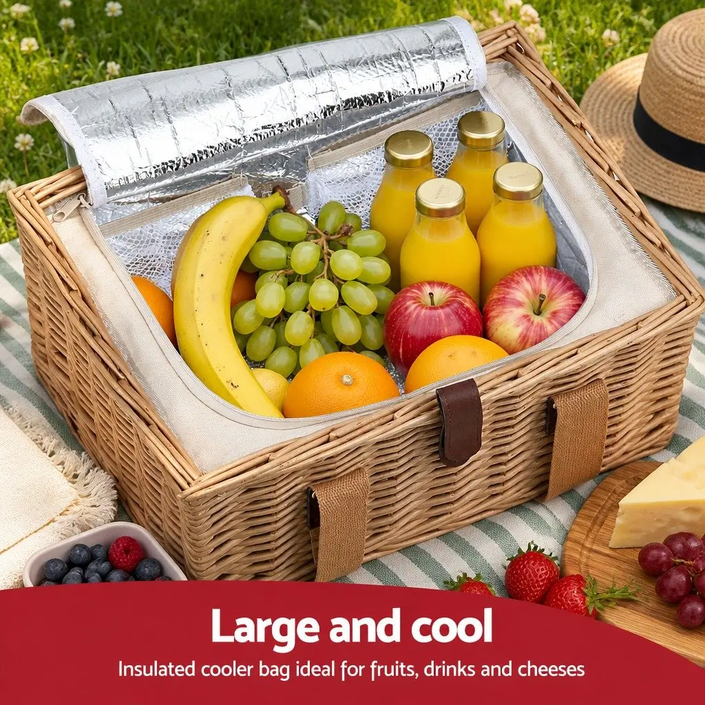 4 Person Picnic Basket Set Outdoor Cooler Blanket Wine Table Cutlery Multicolour