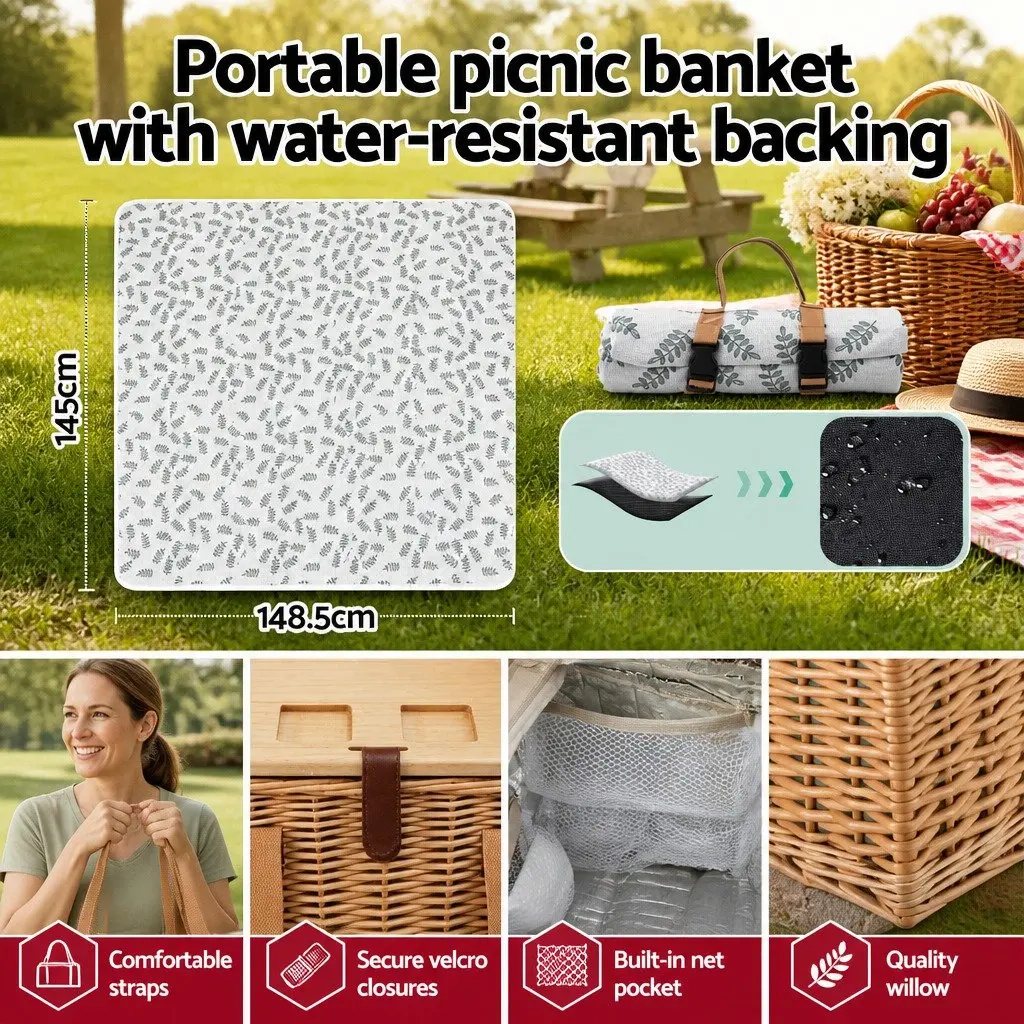4 Person Picnic Basket Set Outdoor Cooler Blanket Wine Table Cutlery Multicolour