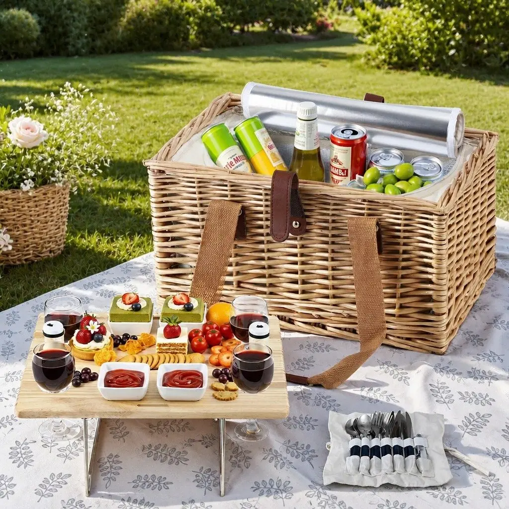4 Person Picnic Basket Set Outdoor Cooler Blanket Wine Table Cutlery Multicolour