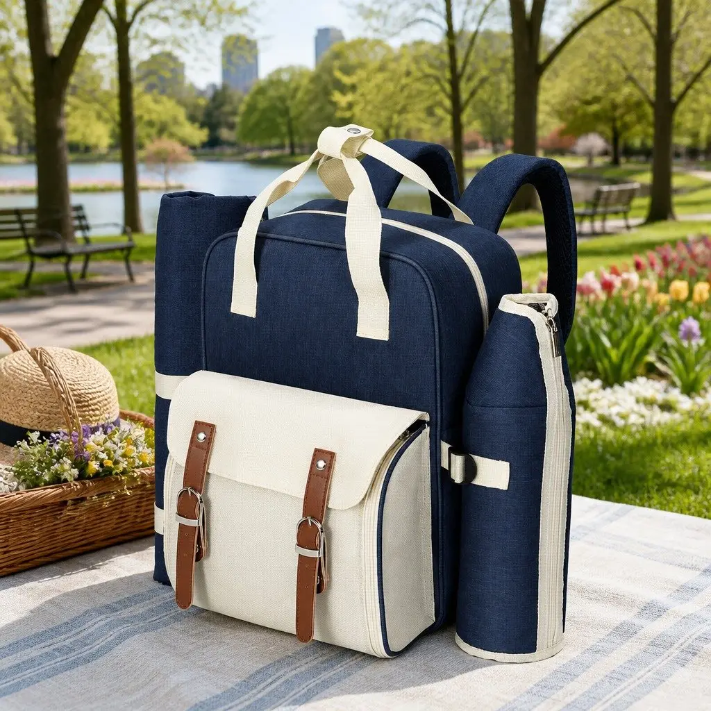 4 Person Picnic Backpack Set Insulated Cooler Bag Outdoor Family Gatherings Blue Beige